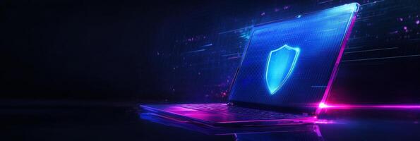 An abstract artistic representation of cyber security features a sleek laptop alongside a glowing blue shield, effectively symbolizing protection and digital insurance in a modern hightech setting photo
