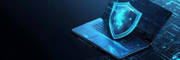 This visualization of cyber security features a sleek laptop and a vibrant blue shield, symbolizing the urgent need for comprehensive protection and enhanced safety in todays online environments photo