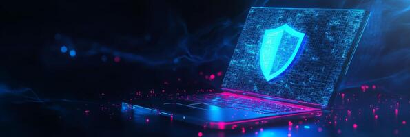 This captivating artwork abstracts cyber security, featuring a modern laptop and a futuristic blue guard shield, symbolizing essential digital protection in our advancing technologydriven society photo