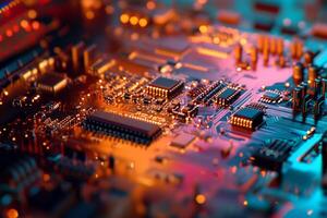 This image showcases an intricate and detailed view of microchip circuitry, effectively highlighting the advanced technology and innovative design features that characterize modern electronics today photo