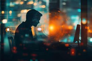 A striking silhouette of a hacker sitting at a desk and intently using a computer, symbolizing the crucial intersection of advanced technology and extensive big data in the world of hacking photo