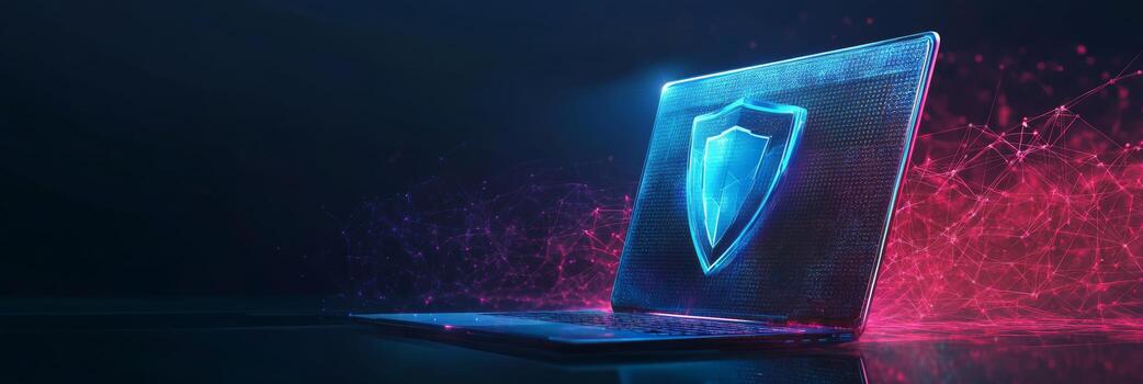 un resumen digital imagen representando ciber seguridad, presentando un ordenador portátil y un azul futurista Guardia proteger, simbolizando proteccion y destacando el importancia de la seguridad en el digital mundo foto