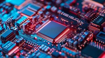 This is a detailed view showcasing the intricate and complex circuitry found on a microchip, which highlights the remarkable advanced technology present in the realm of modern electronics today photo