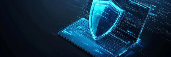 This striking abstract cyber security image shows a sleek laptop protected by a vivid blue shield, symbolizing robust safety against evolving digital threats in todays tech landscape photo