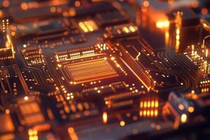 This is a detailed closeup view of a microchip, showcasing its intricate and complex circuitry, as well as modern electronic technology, all presented in a variety of vibrant and eyecatching colors photo