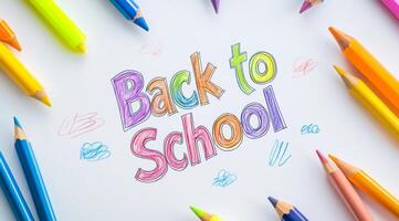 A vibrant Back to School design with colorful pencils arranged on a clean white background, symbolizing the excitement of a new school year filled with fresh opportunities and learning photo