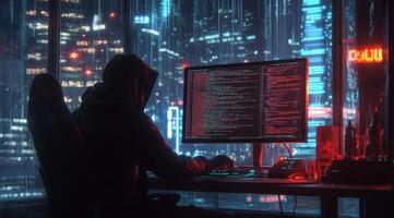 A skilled hacker sits at a hightech computer, accessing intricate data in a vibrant, neonlit city that embodies advanced hacking and a captivating digital world with endless possibilities photo