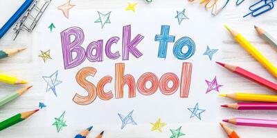 Heres a delightful and cheerful Back to School message surrounded by an array of colorful pencils, designed perfectly to welcome the new academic year filled with inspiration and creativity photo
