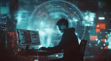 A skilled hacker, deeply immersed in the world of data analytics at their digital workspace desk, vividly showcasing the fascinating intersection of advanced technology and critical cybersecurity photo