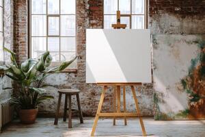 This spacious loft features large windows that fill the space with natural light. It includes an easel with a blank canvas and a vibrant plant, ideal for design presentations and artistic inspiration photo