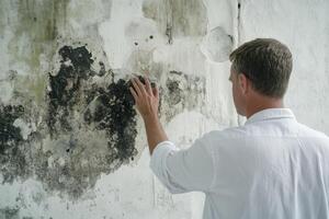 A man carefully inspects and touches a wall with visible mold, emphasizing the crucial importance of promptly addressing mold issues found in living spaces for overall wellbeing and health photo