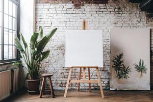 This stylish loft features large windows for natural light and stunning white brick walls, creating an ideal space for design presentations and artistic projectsperfect for creativity photo
