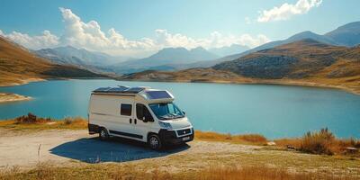 A cozy campervan is parked beside a serene and tranquil lake, outfitted with a rooftop solar panel that enables ecofriendly travel while providing breathtaking mountain views all around photo