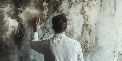 A man dressed in a white shirt gently touches a moldy wall, which stands as a powerful symbol representing his ongoing struggle against the decay that surrounds him as well as within himself photo