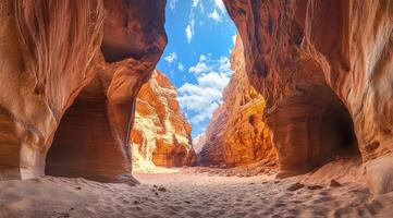 Explore the breathtaking and stunning rock formations alongside the serene beauty of Wadi Disah located in Tabuk, Saudi Arabia, where nature truly captivates with its vibrant and vivid colors photo