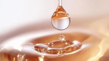 A captivating closeup image showcases a golden oil drop causing beautiful ripples on a reflective surface photo