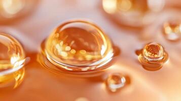 Amber droplets, glistening and reflecting vibrant light on a smooth surface, showcase the exquisite elegance of nature photo