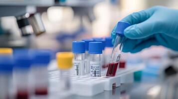 The image shows a skilled lab technician handling blood samples for hemoglobin typing tests, crucial for diagnosing conditions like thalassemia, with attention to detail in healthcare photo