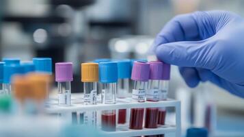 The image shows a hemoglobin typing test, crucial for diagnosing thalassemia through blood analysis. Colorful test tubes are arranged in a professional lab, highlighting precision in medical testing photo