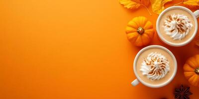 Indulge in a warm and inviting pumpkin latte, richly flavored and generously topped with creamy whipped cream, making it the perfect warm beverage for autumn gatherings and Thanksgiving celebrations photo