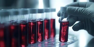 The image shows a lab technician handling blood samples for hemoglobin typing, essential for diagnosing thalassemia and other blood disorders, highlighting the importance of accurate blood analysis photo