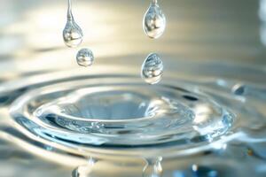 alta calidad imagen de agua gotas creando ondas en un superficie, exhibiendo natural fluido dinámica. foto