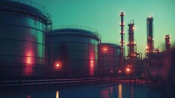 A mesmerizing view of an oil refinery at dusk, featuring large storage tanks, towering structures, and intricate pipelines amid vibrant colors that evoke depth and complexity in the landscape photo