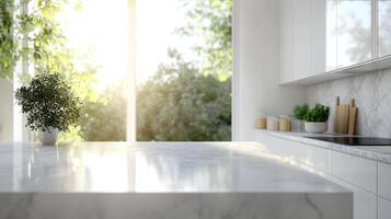 The spacious kitchen features a large marble bench with bright colors and a modern design, filled with natural light, creating a cozy, inspiring cooking space for creativity and comfort photo