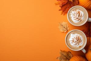 Savor a delightful and cozy pumpkin latte as you relax amongst beautiful autumn leaves and vibrant pumpkins, making it the perfect beverage choice for Thanksgiving and fallthemed gatherings photo