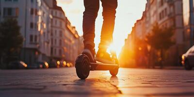 A person skillfully rides an escooter along a bustling city street during a picturesque sunset, showcasing the beauty of ecofriendly commuting and the vibrant urban lifestyle that comes with it photo
