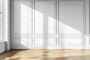 The tranquil indoor space is beautifully designed with pristine white walls, elegant molding details, and warm hardwood floors, perfectly embodying a sense of simplicity and deep serenity within photo