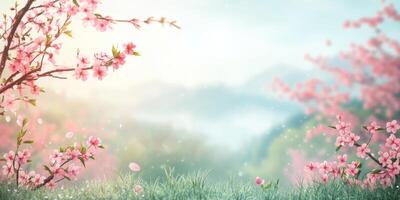 A beautiful and serene springtime backdrop that features an array of blossoming flowers and a soft, dreamy landscape, creating the perfect setting for cultivating a tranquil and peaceful atmosphere photo