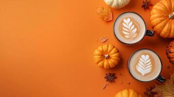 Indulge in a warm, cozy pumpkin latte, beautifully enhanced with delightful seasonal decorations, ideal for Thanksgiving gatherings, fostering an inviting and charming autumn atmosphere for all photo