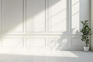 This space boasts a bright and airy interior that features pristine white walls, beautiful hardwood floors, and a tranquil plant, all of which emphasize simplicity, elegance, and a serene atmosphere photo