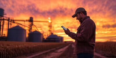 As the sun sets, a hardworking farmer monitors grain storage with a smartphone app, highlighting the advancements in modern agricultural technology that have transformed farming today photo