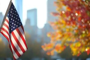 A powerful image of the American flag before the NYC skyline, symbolizing remembrance and respect for the tragic events of September 11, 2001, and promoting unity, strength, and hope photo