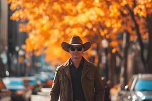 A stylish man in a cowboy hat and sunglasses walks confidently through a vibrant autumn scene, showcasing his unique western style in a lively urban setting, blending tradition with modern flair photo