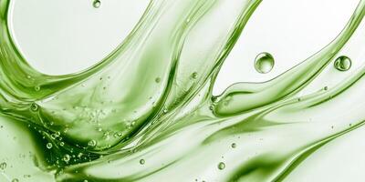 This text offers a macro perspective of a green cosmetic serum, featuring colorful droplets and bubbles that emphasize its organic, fresh, and rejuvenating qualities for effective skincare photo