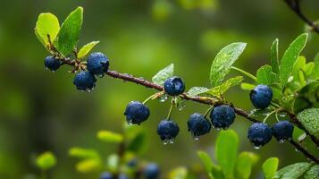 A stunning and beautiful cluster of wild blueberries delicately clinging to a rainkissed branch, which is beautifully surrounded by luscious green leaves, all in a peaceful and serene forest setting photo