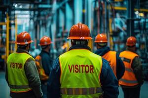 A group of men wearing safety gear observe an industrial site tour, all outfitted with bright orange helmets and vests, which highlights the importance of safety within a factory environment photo