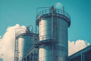 The image shows large industrial storage tanks and tall cooling structures, essential for power generation and oil refining, highlighting key elements of modern energy infrastructure photo
