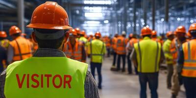 A diverse group of diligent workers and a visitor, both in safety gear at a bustling construction site, highlights the importance of safety protocols and teamwork during an industrial tour photo