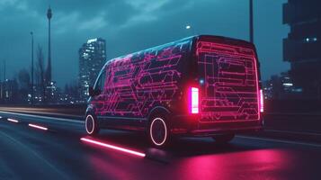 A selfdriving van uses advanced GPS for efficient package delivery in the city, enabling realtime order tracking via a smartphone app, showcasing the future of logistics and transportation photo