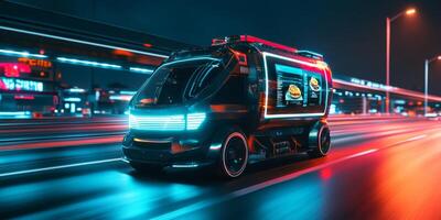 Imagine a sleek, selfdriving van for efficient urban package delivery, easily tracked via a smartphone app, highlighting the future of logistics, connectivity, and convenience in cities photo