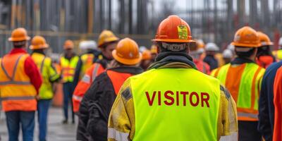 A visitor in safety gear observes workers diligently completing tasks during a site tour, emphasizing the importance of safety protocols at a busy construction site with multiple ongoing activities photo