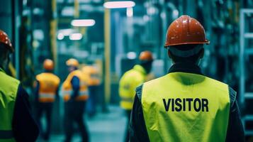 Visitors must wear safety gear like hard hats and fluorescent vests during industrial tours, highlighting the importance of workplace safety practices and inspections in active factory settings photo