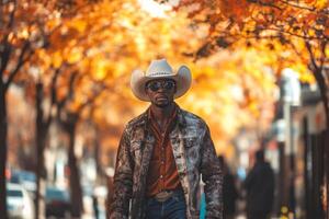 A stylish man, confidently strutting through an enchanting autumn landscape, wears a trendy cowboy hat and sleek sunglasses while being surrounded by the vibrant, fiery orange foliage of the season photo