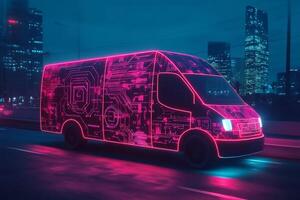 Imagine a selfdriving van using advanced GPS and a userfriendly app for efficient package delivery in busy urban areas, showcasing an innovative glimpse into the future of logistics photo