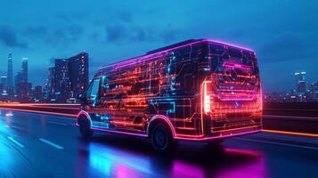 A neonlit selfdriving delivery van exemplifies the future of package delivery. Users track its GPS location via an app, enhancing efficiency in urban logistics and everyday life photo