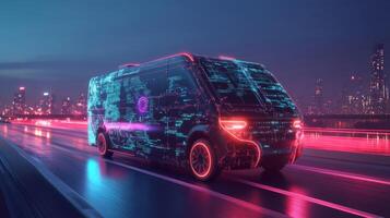 A selfdriving delivery van uses advanced GPS technology for efficient package delivery in a busy city, highlighting the future of logistics and convenience via a userfriendly smartphone app photo